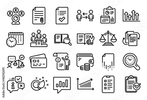 Vector set of Teamwork business, Checklist and Justice scales line icons set. Calendar report, Money wallet and Credit card tag. Recovery file, Engineering documentation and Bureaucracy icons. Vector