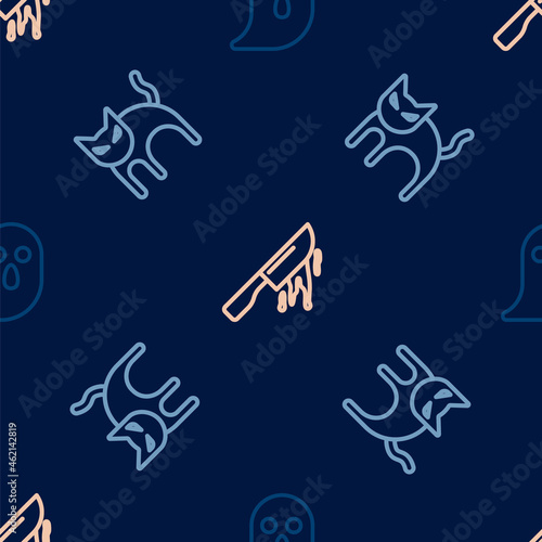 Set line Ghost  Black cat and Bloody knife on seamless pattern. Vector