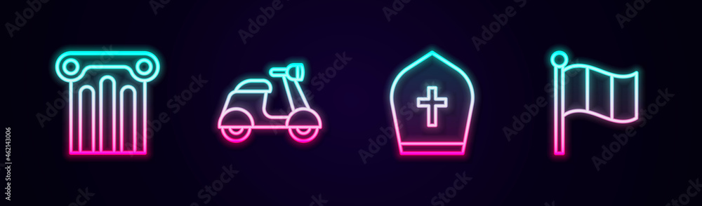 Set line Ancient column, Scooter, Pope hat and Flag Italy. Glowing neon icon. Vector Set line Ancient column, Scooter, Pope hat and Flag Italy. Glowing neon icon. Vector