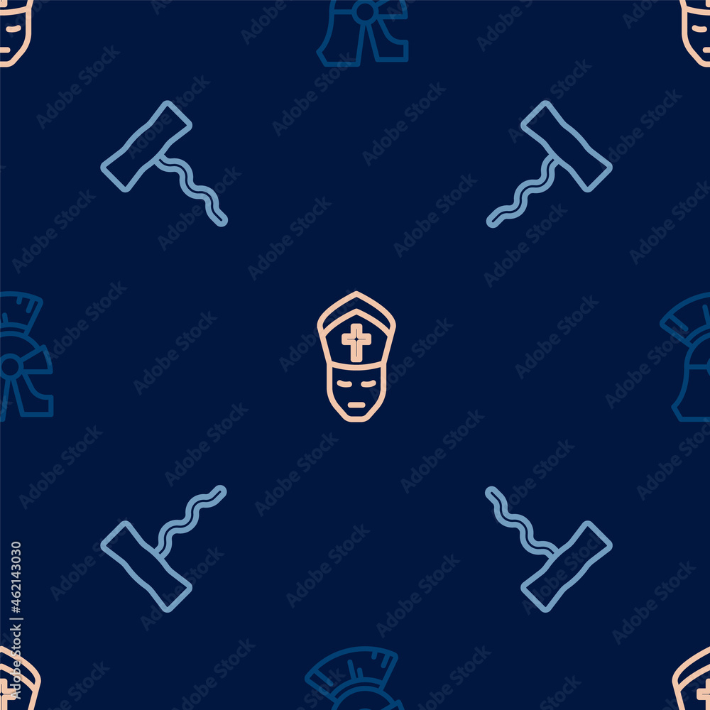 Set line Roman army helmet, Wine corkscrew and Pope on seamless pattern. Vector Set line Roman army helmet, Wine corkscrew and Pope on seamless pattern. Vector