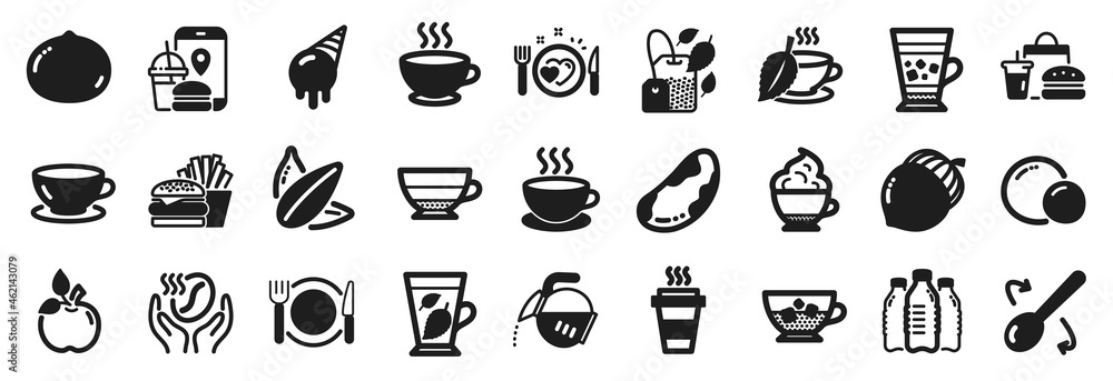Set of Food and drink icons, such as Frappe, Coffee cup, Mint tea icons. Takeaway, Mint bag, Cappuccino signs. Cold coffee, Water bottles, Romantic dinner. Fast food, Eco food, Ice cream. Vector Set of Food and drink icons, such as Frappe, Coffee cup, Mint tea icons. Takeaway, Mint bag, Cappuccino signs. Cold coffee, Water bottles, Romantic dinner. Fast food, Eco food, Ice cream. Vector