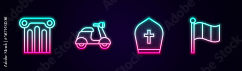 Set line Ancient column, Scooter, Pope hat and Flag Italy. Glowing neon icon. Vector