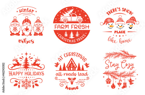 Christmas sign with quotes. Set of winter holiday symbols with saying. Christmas emblem designs. Festive design for badges and cards.