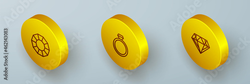Set Isometric line Diamond, engagement ring and icon. Vector