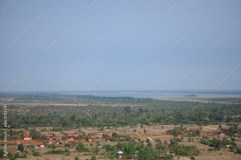 Aerial view landscape cityscape small village countryside rural with paddy rice field of Angkor Wat at SiemReap city from balloon fly bring travelers travel visit in Siem Reap, Cambodia