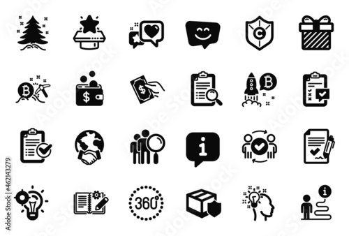 Vector Set of Business icons related to Christmas tree, Pay money and Smile face icons. Seo idea, Global business and Surprise signs. 360 degrees, Engineering documentation and Heart. Idea. Vector