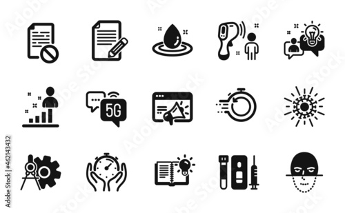 Vector set of Stats, Electronic thermometer and Blood and saliva test icons simple set. Seo marketing, 5g internet and Timer icons. Coronavirus, Face recognition and Product knowledge signs. Vector