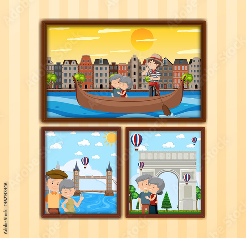 Cute old couple photo frames hanging on the wall