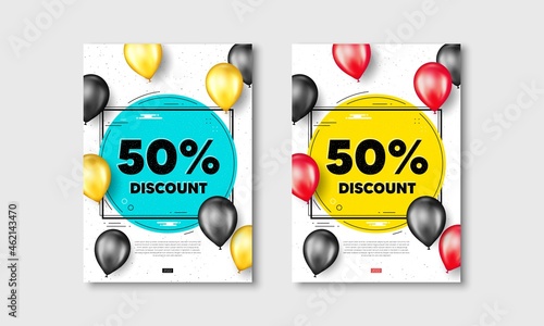 50 percent Discount. Flyer posters with realistic balloons cover. Sale offer price sign. Special offer symbol. Discount text frame white posters. Balloons cover. Vector