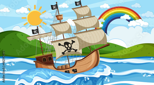 Ocean with Pirate ship at day time scene in cartoon style