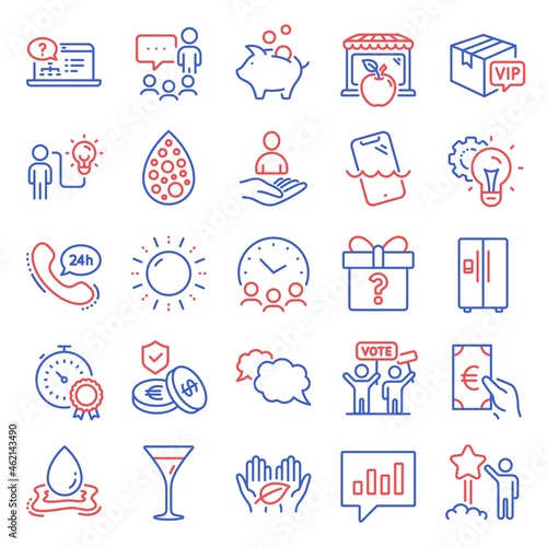 Business icons set. Included icon as Martini glass, Vip parcel, Meeting time signs. Business idea, Secret gift, Voting campaign symbols. People chatting, Savings insurance, Online help. Vector