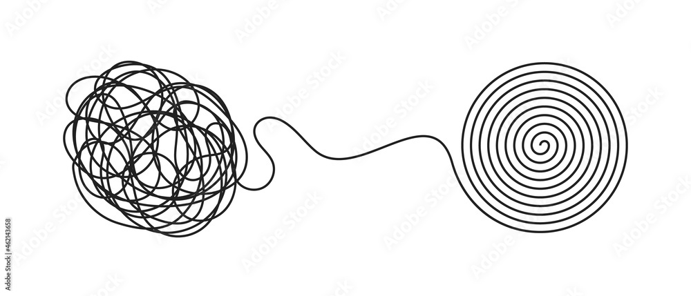 Chaos and order business concept flat style design vector illustration isolated on white background. Tangled disorder turns into spiral order line, find solution. Coaching, mentoring or psychotherapy. - obrazy, fototapety, plakaty 