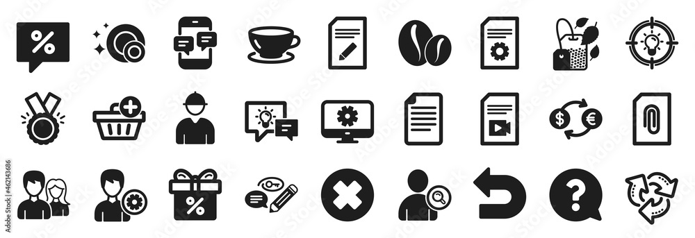 Set of simple icons, such as Clean dishes, Discount message, Question mark icons. Support, Honor, Currency exchange signs. File, Add purchase, Coffee beans. Monitor settings, Edit document. Vector Set of simple icons, such as Clean dishes, Discount message, Question mark icons. Support, Honor, Currency exchange signs. File, Add purchase, Coffee beans. Monitor settings, Edit document. Vector