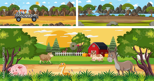 Outdoor panoramic landscape scenes set with cartoon character