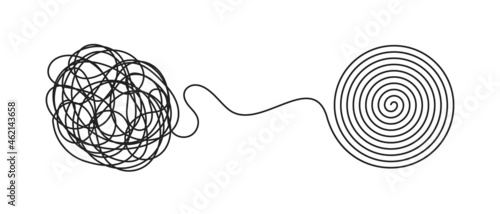 Chaos and order business concept flat style design vector illustration isolated on white background. Tangled disorder turns into spiral order line, find solution. Coaching, mentoring or psychotherapy. photo