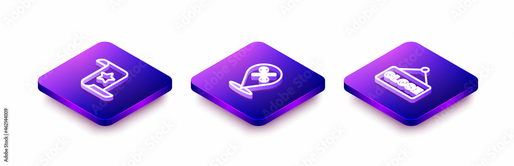 Set Isometric line Paper check and financial check, Location with percent and Hanging sign text Closed icon. Vector Set Isometric line Paper check and financial check, Location with percent and Hanging sign text Closed icon. Vector