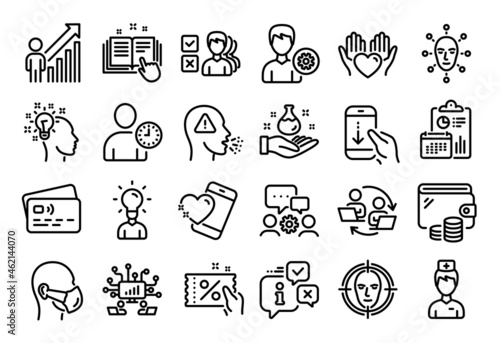 Vector set of Support, Face biometrics and Time management line icons set. Calendar report, Money wallet and Credit card tag. Engineering team, Cough and Scroll down icons. Vector