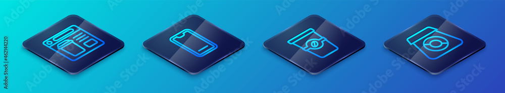 Set Isometric line Coffee cup to go, Online ordering food, and Food on mobile icon. Vector Set Isometric line Coffee cup to go, Online ordering food, and Food on mobile icon. Vector