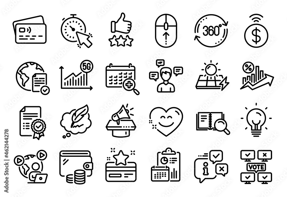 Vector set of Timer, Full rotation and Online voting line icons set. Calendar report, Money wallet and Credit card tag. Video conference, Copyright chat and Search book icons. Vector Vector set of Timer, Full rotation and Online voting line icons set. Calendar report, Money wallet and Credit card tag. Video conference, Copyright chat and Search book icons. Vector