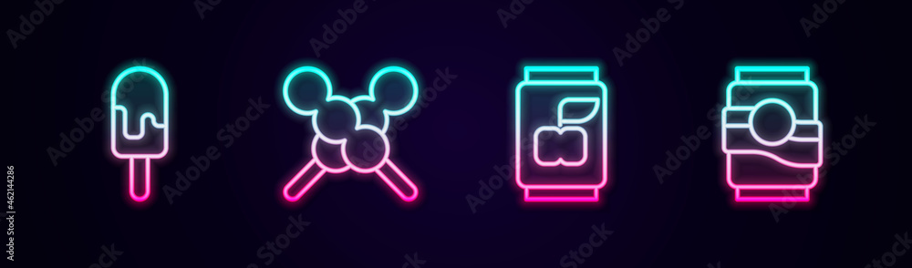 Set line Ice cream, Meatballs on wooden stick, Soda can and . Glowing neon icon. Vector Set line Ice cream, Meatballs on wooden stick, Soda can and . Glowing neon icon. Vector