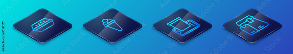 Set Isometric line Food ordering on mobile, Lunch box, Online food and Ice cream waffle icon. Vector Set Isometric line Food ordering on mobile, Lunch box, Online food and Ice cream waffle icon. Vector
