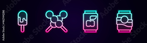 Set line Ice cream, Meatballs on wooden stick, Soda can and . Glowing neon icon. Vector