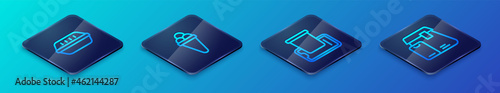 Set Isometric line Food ordering on mobile, Lunch box, Online food and Ice cream waffle icon. Vector