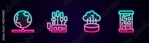 Set line Global technology, Mechanical robot hand, Network cloud connection and Cryogenic capsules. Glowing neon icon. Vector