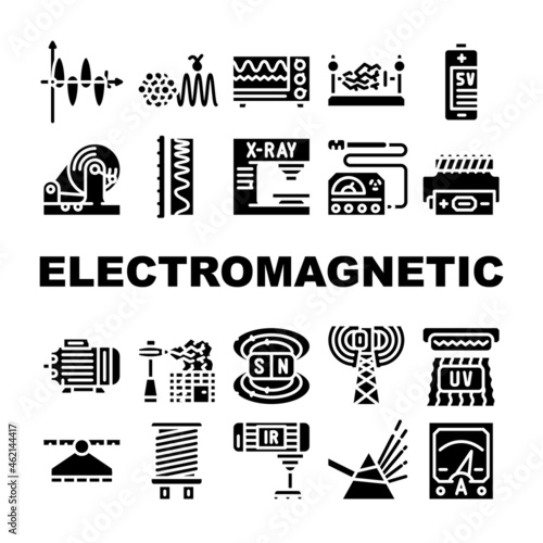 Electromagnetic Science Physics Icons Set Vector. Electromagnetic And Ultraviolet Waves, X-ray Electronic Equipment And Spectrum Range, Prism Light And Sv Battery Glyph Pictograms Black Illustrations