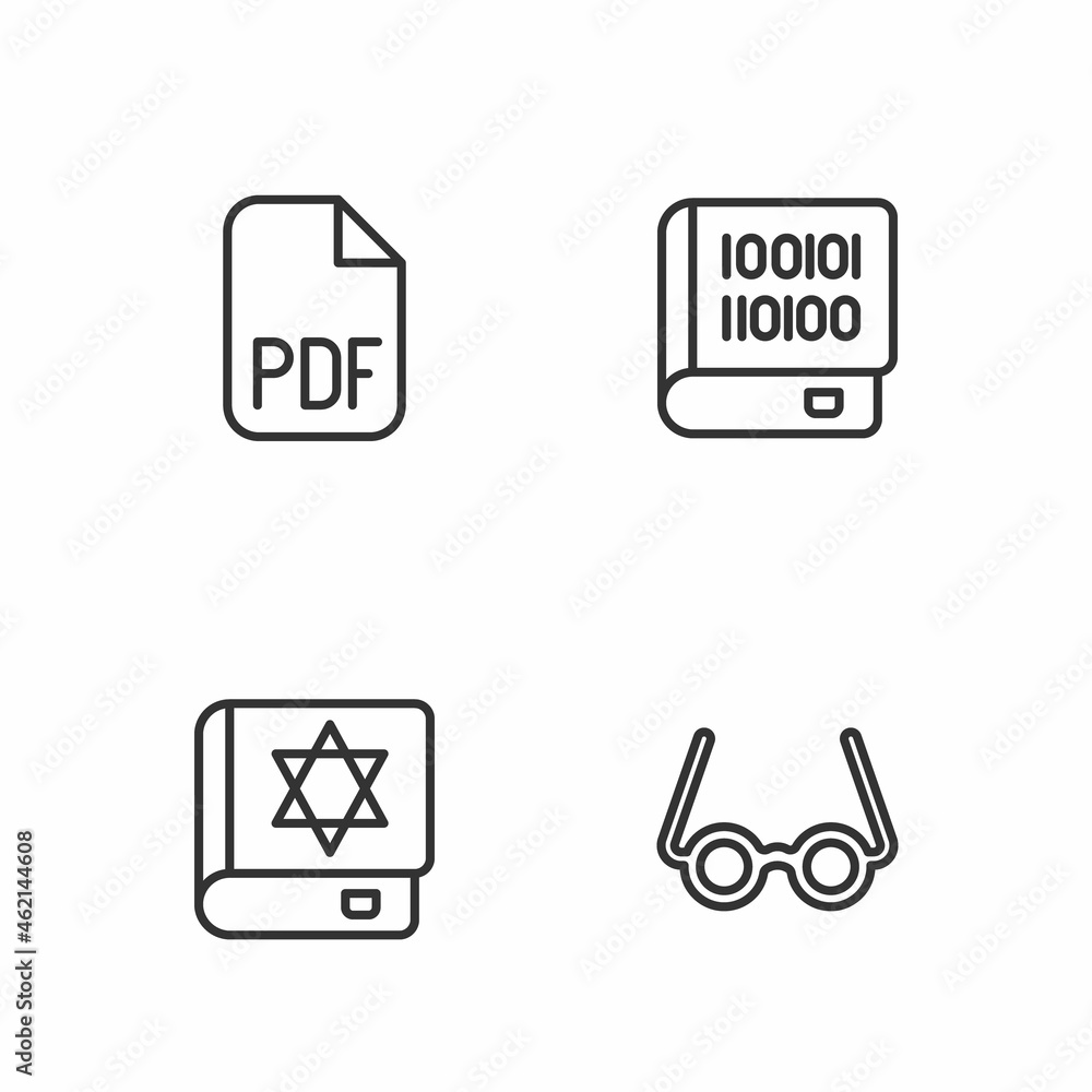 Set line Glasses, Jewish torah book, PDF file document and Books about programming icon. Vector Set line Glasses, Jewish torah book, PDF file document and Books about programming icon. Vector