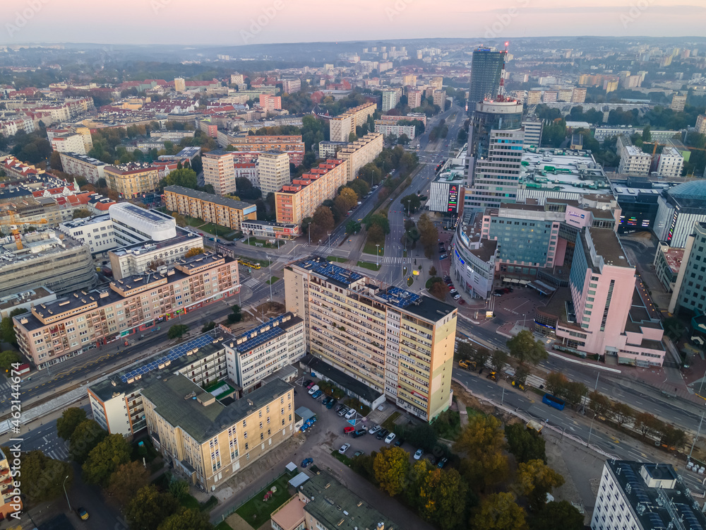 Obraz premium Szczecin, Poland 10.10.2021 Panorama of the city with its architecture. View from the drone
