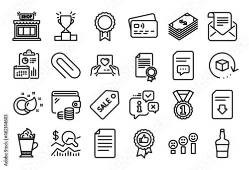 Vector set of Reward, Shop and Return package line icons set. Calendar report, Money wallet and Credit card tag. Positive feedback, Comments and Love mail icons. Vector