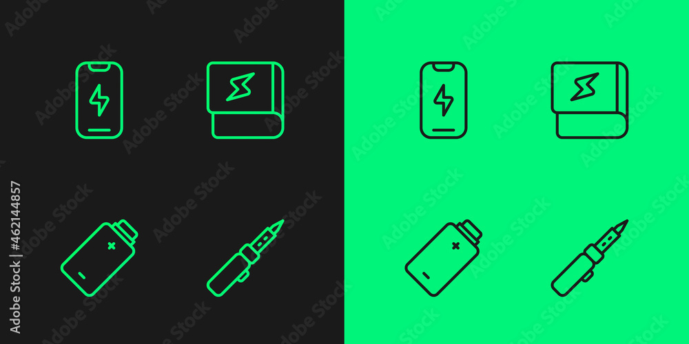 Set line Soldering iron, Battery charge, Mobile phone and Book about electricity icon. Vector Set line Soldering iron, Battery charge, Mobile phone and Book about electricity icon. Vector