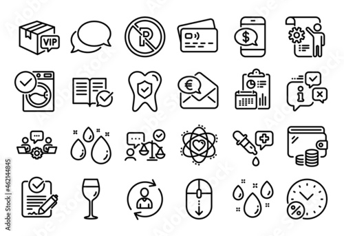 Fototapeta Naklejka Na Ścianę i Meble -  Vector set of Euro money, Scroll down and Rainy weather line icons set. Calendar report, Money wallet and Credit card tag. Settings blueprint, Teamwork and Approved documentation icons. Vector
