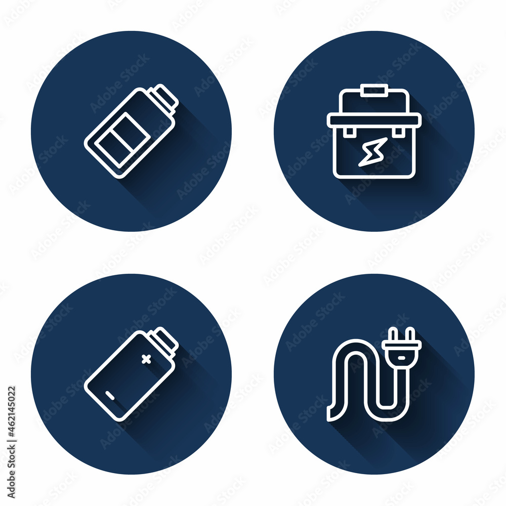 Set line Battery charge, Toolbox electrician, and Electric plug with long shadow. Blue circle button. Vector Set line Battery charge, Toolbox electrician, and Electric plug with long shadow. Blue circle button. Vector