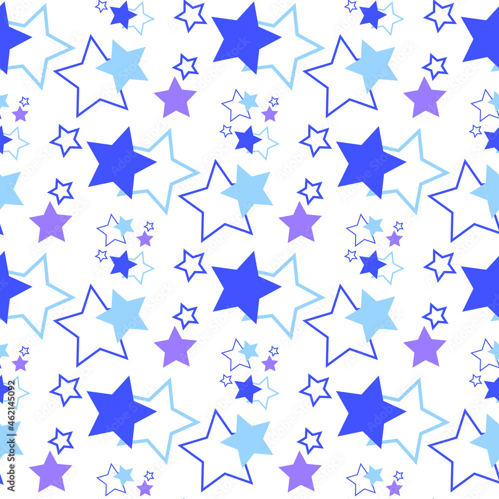 Seamless pattern with blue and lilac stars on a white background. Use for fabric, wrapping paper, wallpaper, print, backdrops, baby clothes, napkins, bags, merchandise, clothing, and artwork.