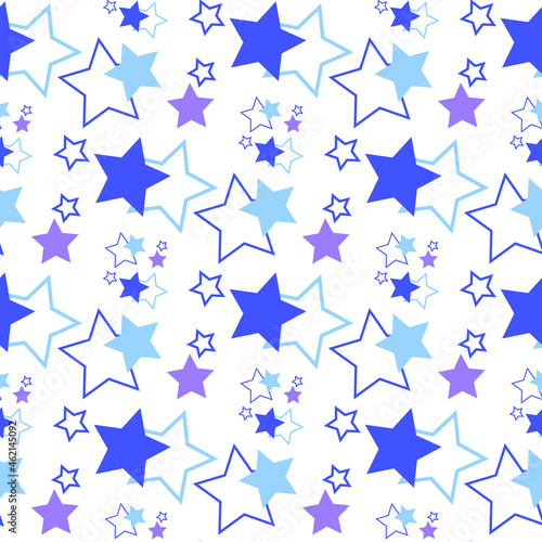 Seamless pattern with blue and lilac stars on a white background. Use for fabric, wrapping paper, wallpaper, print, backdrops, baby clothes, napkins, bags, merchandise, clothing, and artwork.