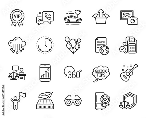 Vector set of Bill accounting, Quick tips and Internet document line icons set. Time, Court judge and Vip award icons. Certified refrigerator, Cloud storage and Honeymoon travel signs. Vector