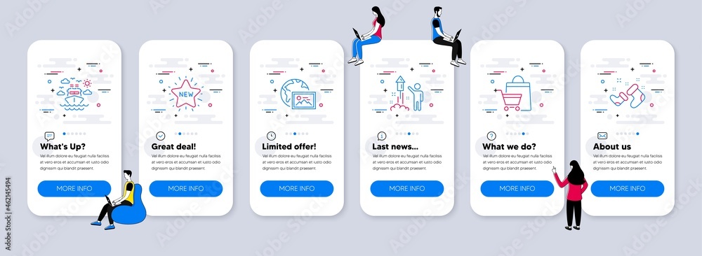 Naklejka premium Holidays icons set. UI phone app screens with teamwork. Included icon as Web photo, Fireworks, New star signs. Sale bags, Ship travel, Santa boots line icons. Vector