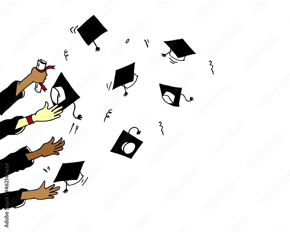 Vetor de doodle Graduation ceremony concept. hands throwing graduation ...