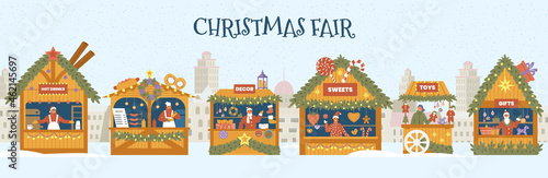 Christmas fair horizontal vector banner. Winter cityscape with  food, souvenirs, toys and decoration shops with sellers.