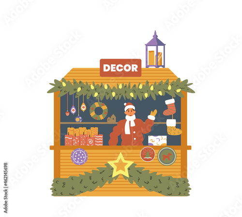 Christmas fair street shop with decorations candles and souvenirs with seller flat vector illustration. Isolated on white.