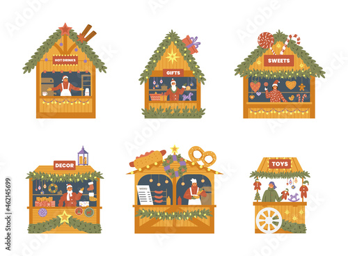 Vector set of Christmas market shops with sellers. Hot drinks, gifts, sweets,decorations, food, toys stalls. Isolated on white.