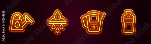 Set line Watering can, filter cartridge, jug with and Bottle of water. Glowing neon icon. Vector