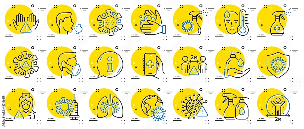 Coronavirus line icons. Medical Mask, Washing Hands, Corona Virus Symptoms. Social Distance, Hand Sanitizer, Face mask line icons. Covid-19 pandemic, Lung Disease, coronavirus hygiene. Vector - obrazy, fototapety, plakaty 