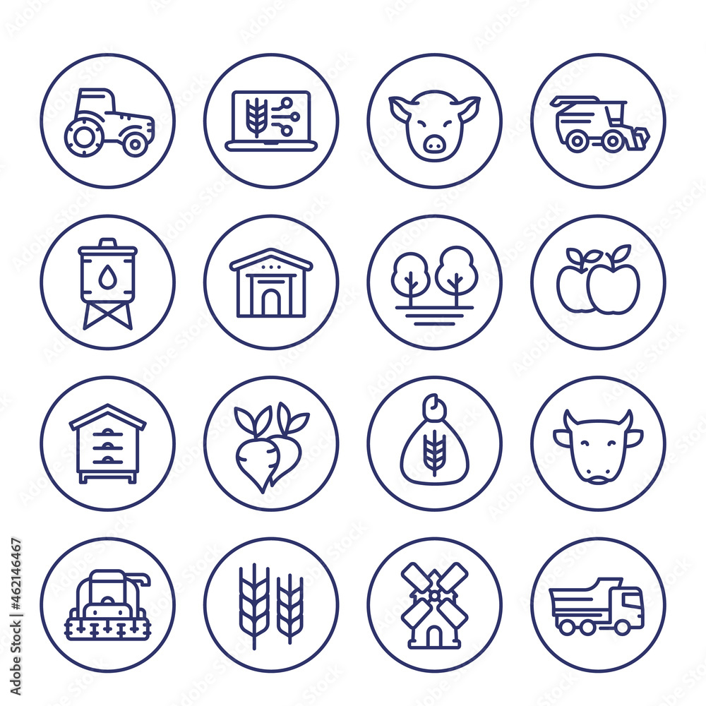 farming and agriculture line icons on white