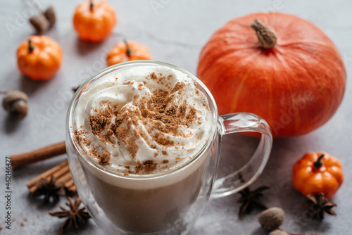 Autumn pumpkin spiced latte with whipped cream and cinnamon