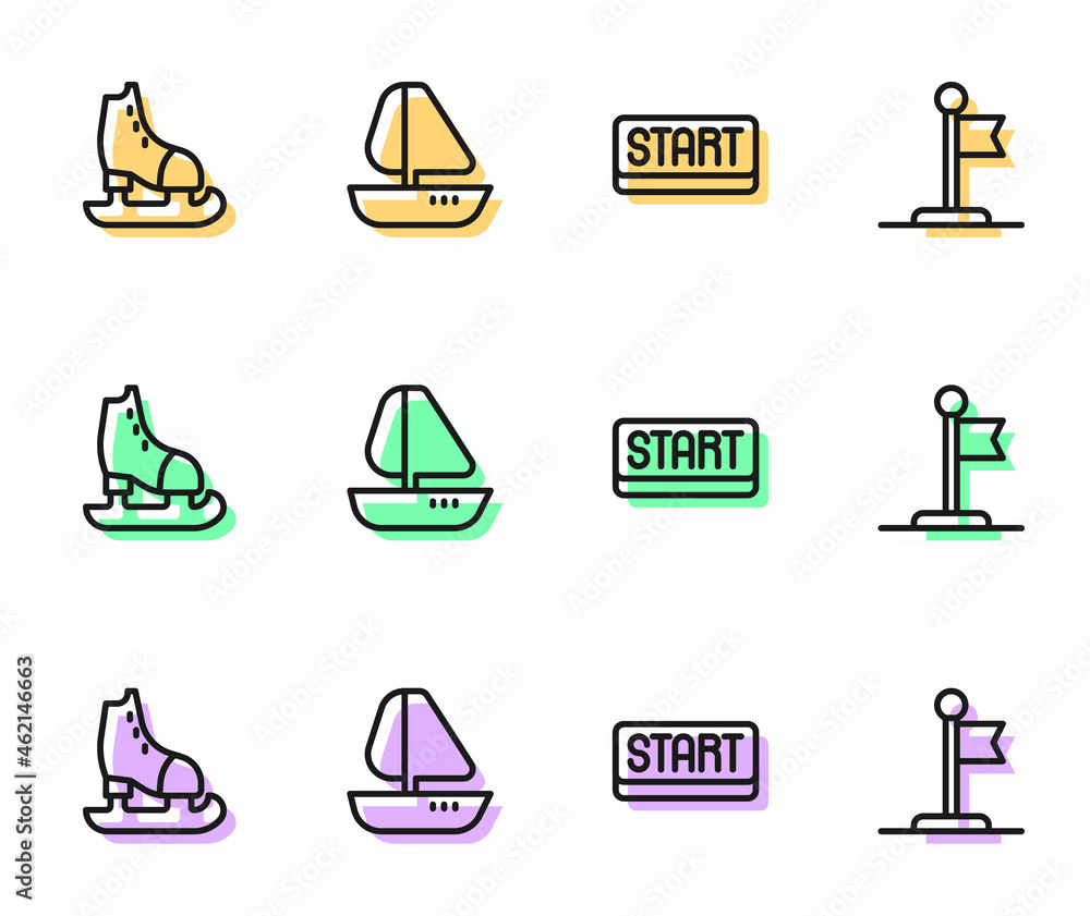 Set line Ribbon in finishing line, Skates, Yacht sailboat and Flag icon. Vector Set line Ribbon in finishing line, Skates, Yacht sailboat and Flag icon. Vector
