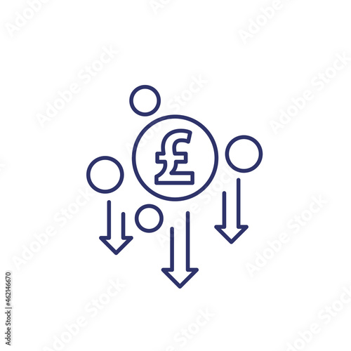 cost reduction, line icon with pound, vector
