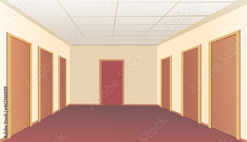 Hallway doors. Empty premises in the building. Many offices or rooms. Light interior. Illustration cartoon style flat design. Vector